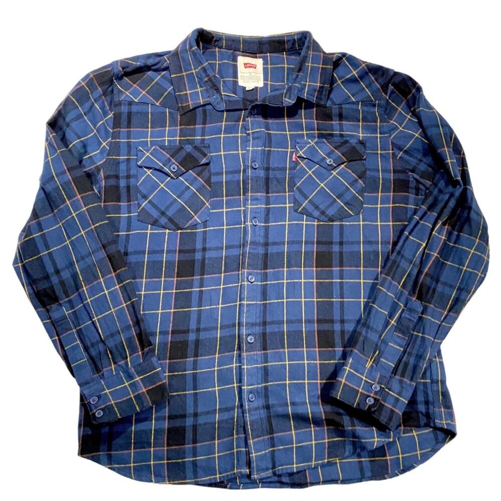 Levis Shirt Mens XL CURRAN Blue Plaid Tartan Batwing Pocket Western Cowboy Rodeo